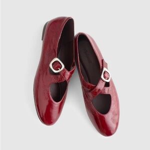Madewell Red Patent Mary Jane Flats with Silver Buckles